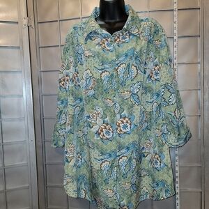 Only Necessities 1X button down, 3/4 sleeve, green w/floral blouse